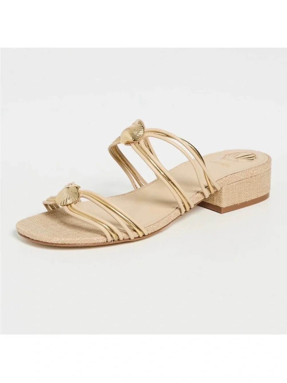 Larroudé Shelly Mule Sandal Strappy Leather Beige Gold Seashell Accent